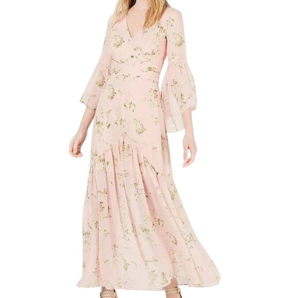 Avec Les Filles NWOT Pink Floral Boho Chiffon Bell Sleeves Maxi Dress Size 2 - Picture 1 of 9